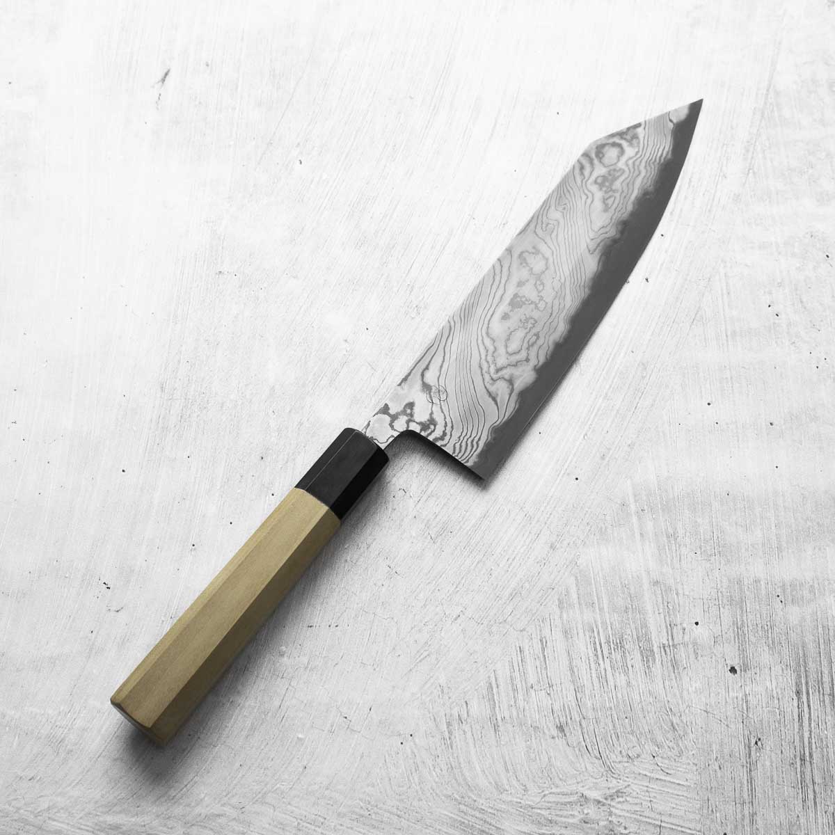 Miyazaki Kajiya Blue 2 Black Damascus Kiritsuke 210mm - Image 2