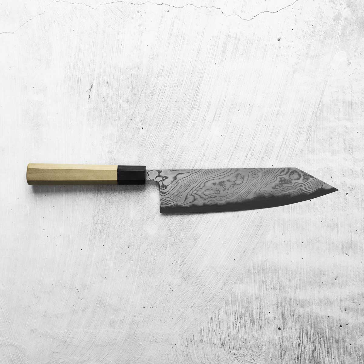 Miyazaki Kajiya Blue 2 Black Damascus Kiritsuke 210mm - Image 4