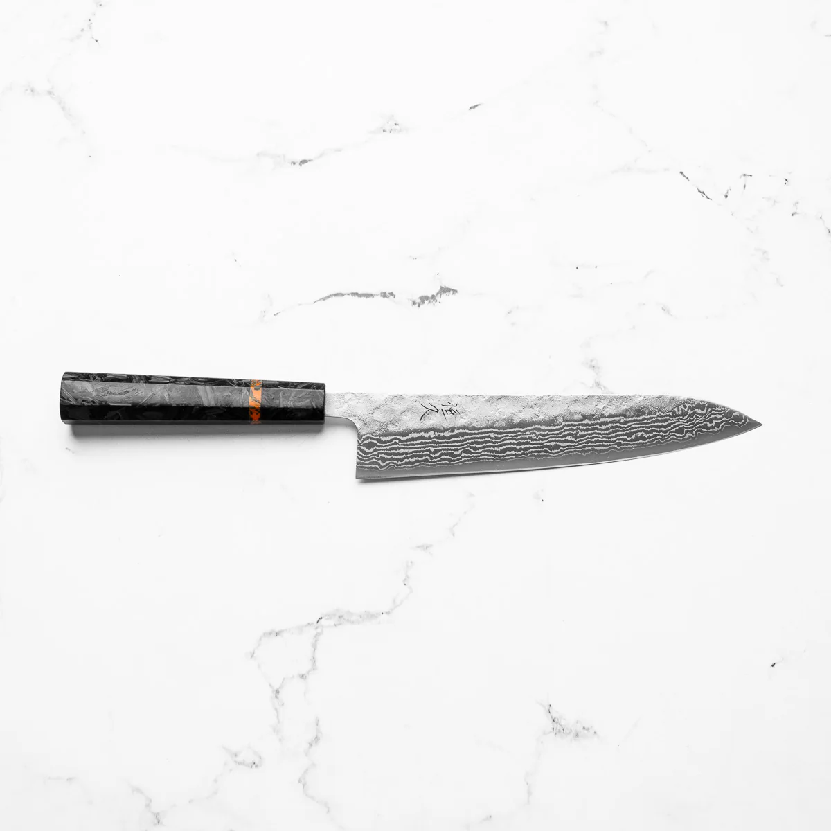 Tsunehisa 440C Damascus Tsuchime Gyuto 210mm - Carbon Fibre - Image 4
