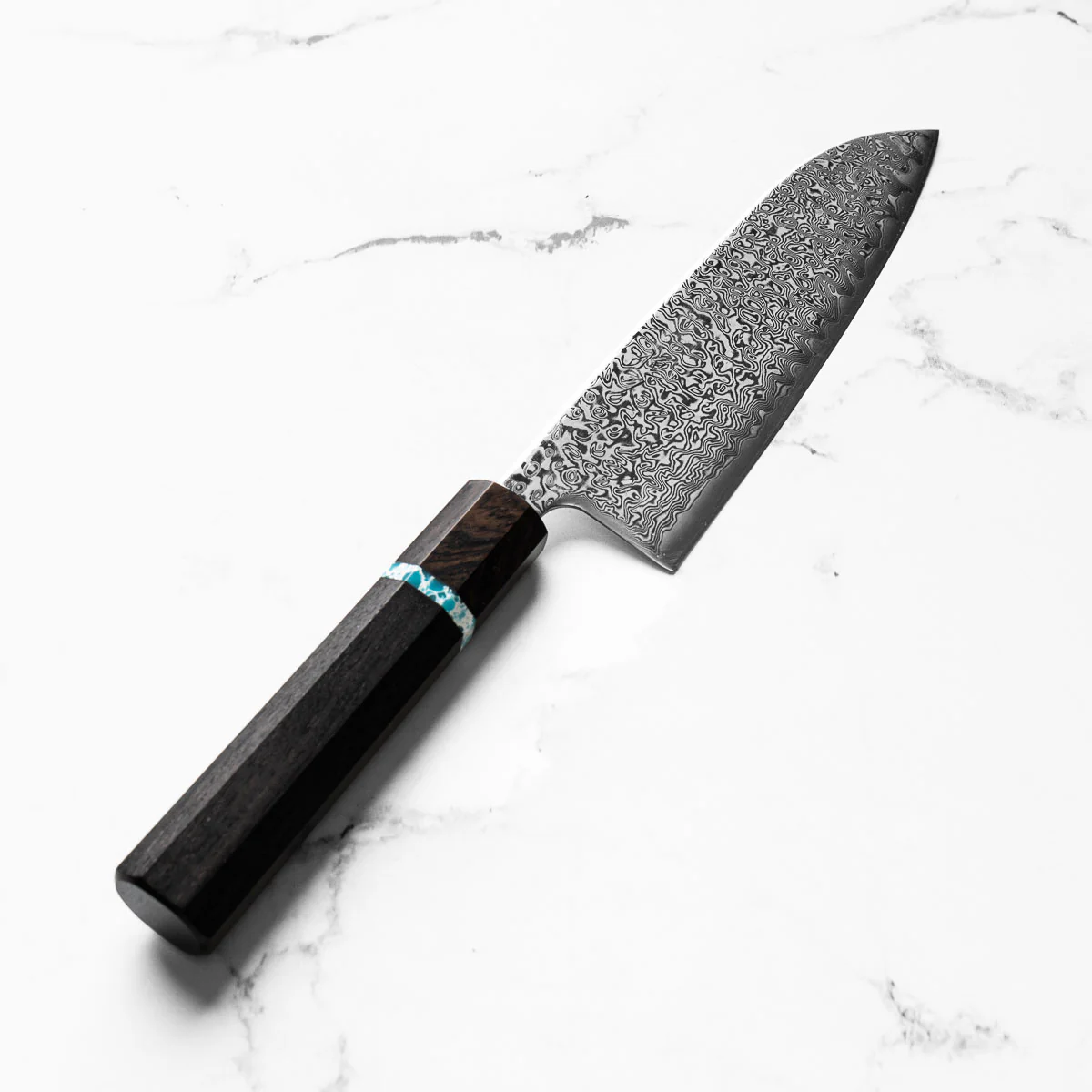 Tsunehisa SRS13 Damascus Santoku - Ebony Blue Ring - Image 2
