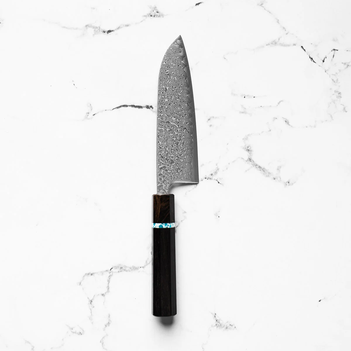 Tsunehisa SRS13 Damascus Santoku - Ebony Blue Ring - Image 3